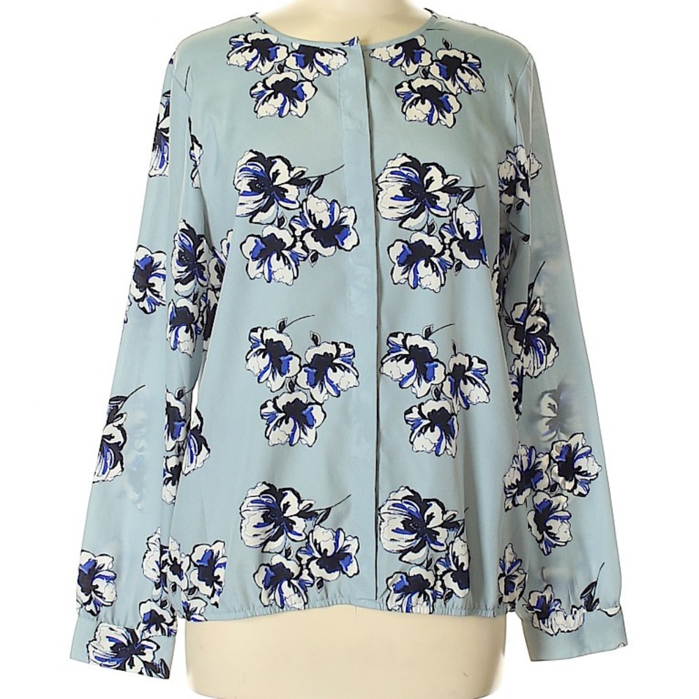ANN TAYLOR Blue Floral Print Hiding Button Down Blouse Size Small
